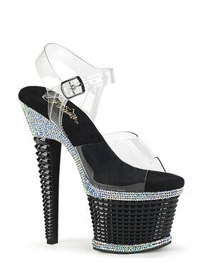 Pleaser Spectator-708RS Black Platform High Heels Sandals with Rhinestones